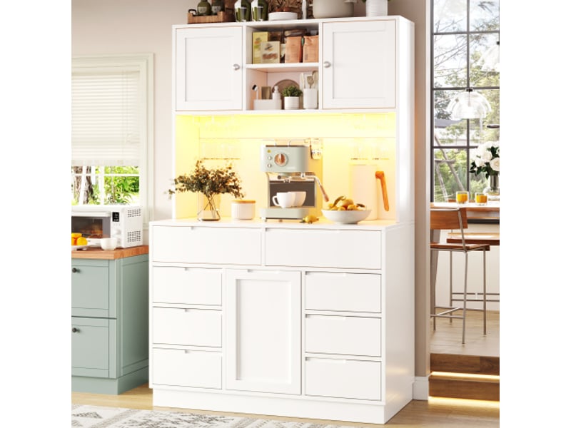  Armoire haute blanche moderne avec led – 8 tiroirs, fermeture magnétique, étagères réglables, 120×40×183,5 cm  - Conforama D