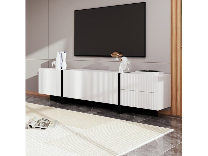  Meuble tv modenvie 190 x 35 x 45 cm 3 portes 2 tiroirs mdf et panneaux de particules blanc et noir  - Conforama B