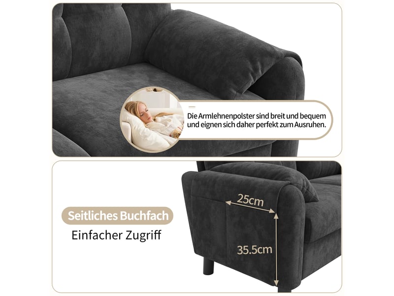 Canapé 2 places en chenille gris avec poches latérales et 2 coussins inclus, design scandinave - Conforama E