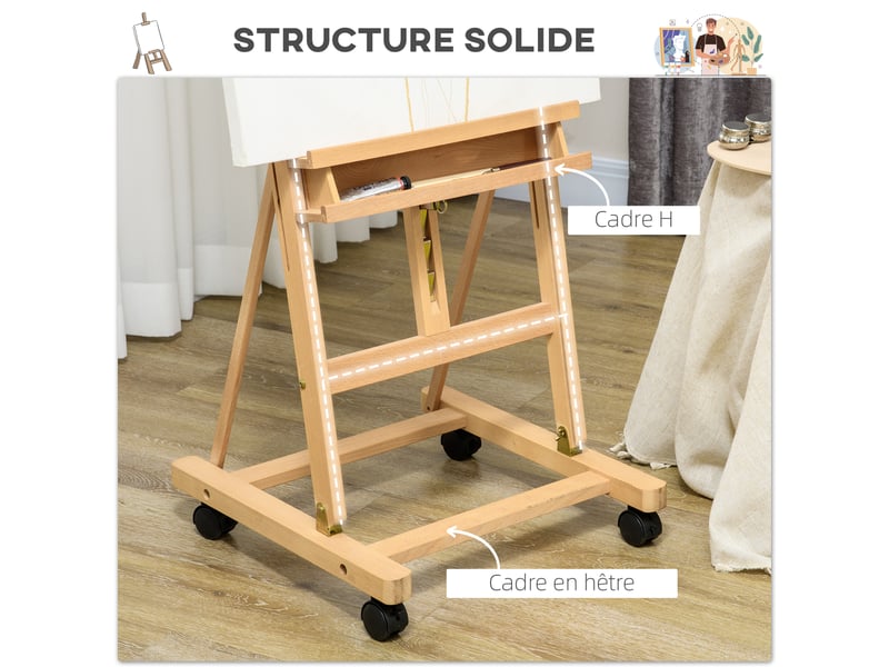  Chevalet d'artiste sur roulettes pliable en bois de hêtre pour toiles à jusqu'à peindre 118 cm bois naturel  - Conforama E