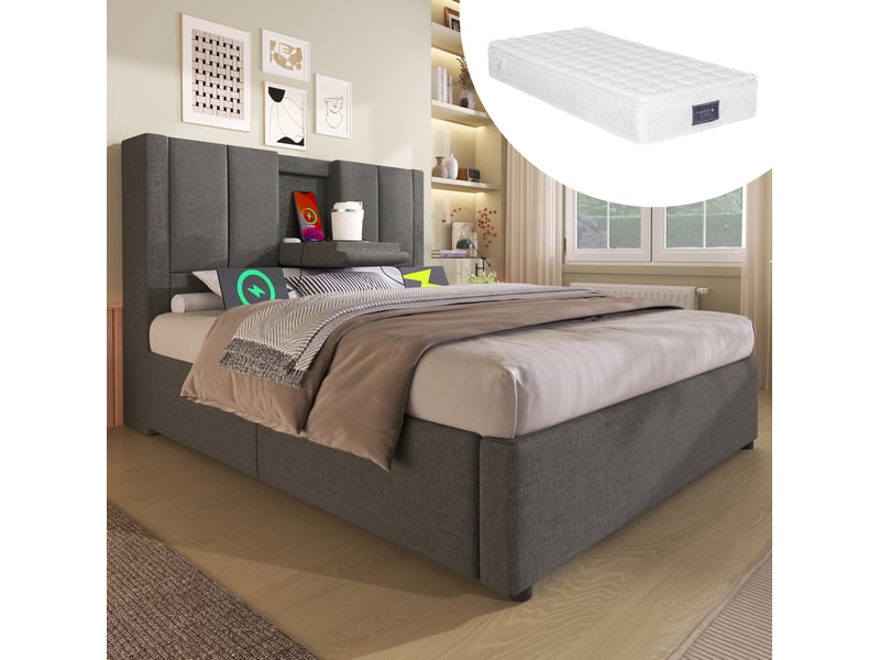  Lit rembourré 90 x 200 cm en lin gris avec rangement hydraulique, matelas et sommier à lattes inclus  - Conforama C