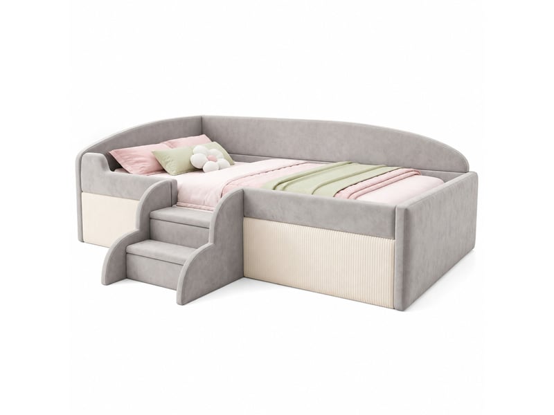  Lit simple enfant 90x190 cm en velours gris avec marches et barrières  - Conforama A