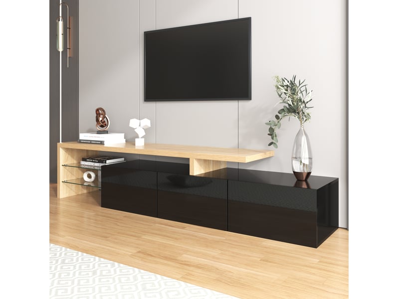  Meuble tv modenvie moderne 197,5 x 39 x 42 cm led 7 couleurs mdf et verre noir brillant bois naturel  - Conforama E
