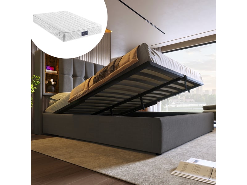  Lit 2 personnes 160x200 cm avec port usb-c, cadre de lit adulte avec tête de lit et matelas, gris, lit double  - Conforama A
