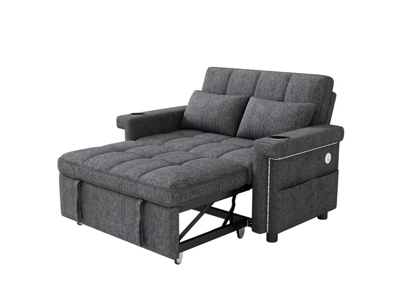  Canapé 2 places - 145x141.5x90cm - canapé convertible lit en chenille avec led rgb, ports usb &amp; porte-gobelets - gris  - Conforama A