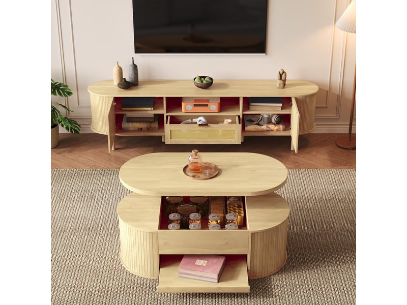  Ensemble meuble de salon, table basse relevable et meuble tv avec rangement, mdf et cannage rotin style moderne, naturel  - Conforama C