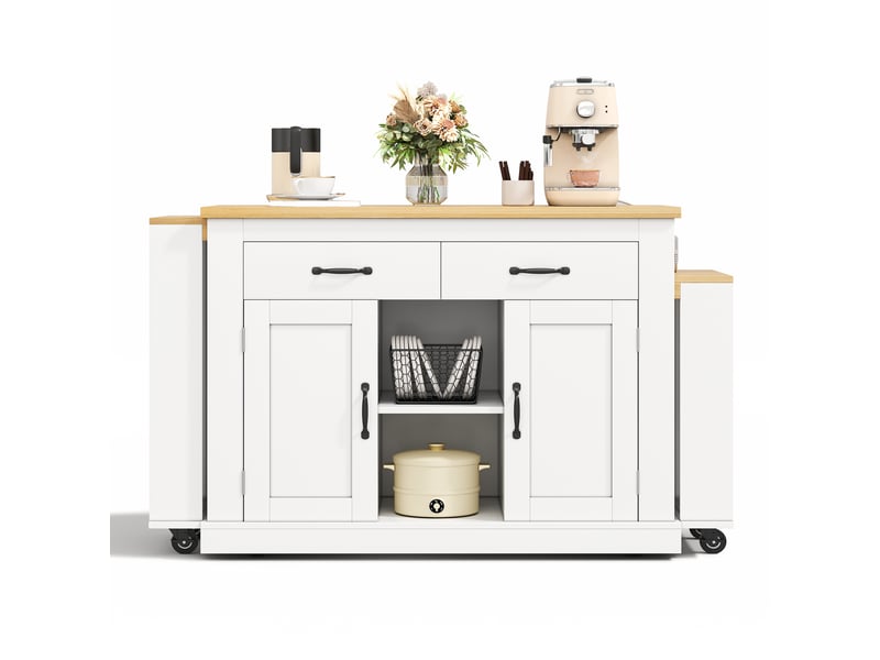  Îlot de cuisine mobile avec double plateau coulissant et prises intégrées - rangement mdf blanc 142 × 55 × 93 cm  - Conforama A