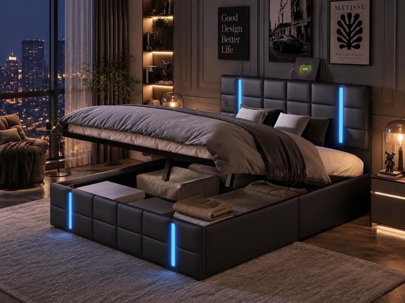  Lit coffre en simili cuir - 160x200cm - avec led et rangement hydraulique - noir  - Conforama B