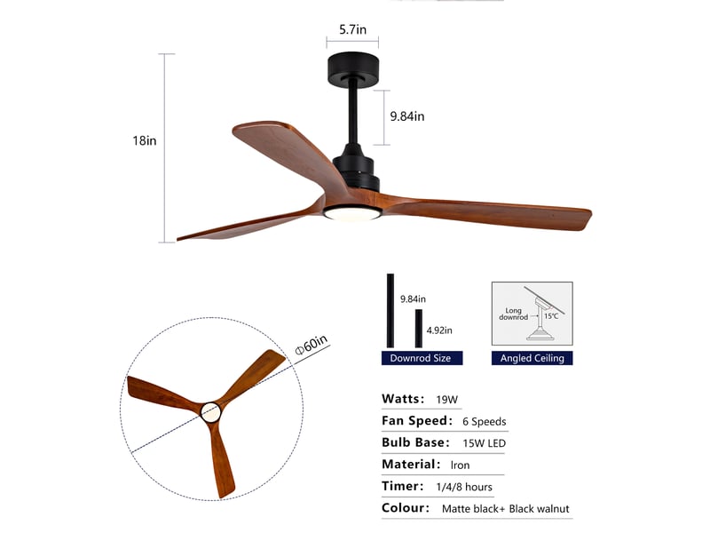 Ventilateur de plafond avec éclairage et télécommande, 60 pouces, bois foncé et noir, 3 cct, dimmable, 6 vitesses - Conforama C