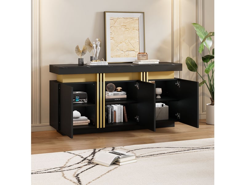  Sideboard noir et doré 3 portes avec 6 compartiments réglables - 140 x 38 x 70 cm  - Conforama B