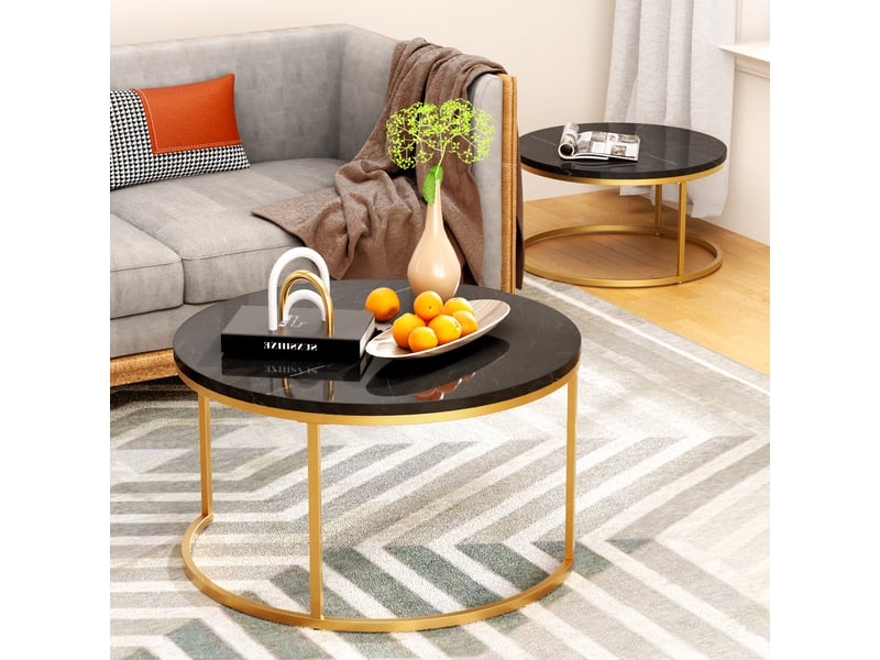  Ensemble de 2 table basse gigogne ronde 80x80x4560x60x33.5 cm, noir et dore  - Conforama D