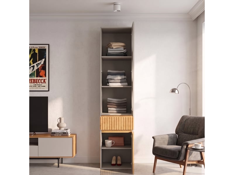  Armoire haute à portes battantes 45 x 50 x 200 cm – 2 portes, 1 tiroir, 5 compartiments – mdf et panneaux de particules – gris clair et chêne naturel  - Conforama D