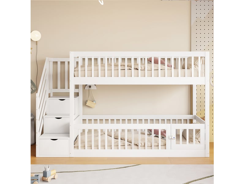 Lit superposé enfant 90x200 cm avec escalier de rangement et barrières blanc - Conforama E