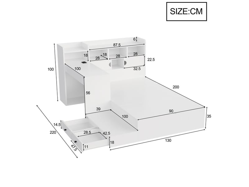 Lit enfant en bois, 90 x 200 cm, espace de rangement hydraulique, tête de lit avec rangement, bureau, éclairage led, blanc LDF00750AAK - Conforama C