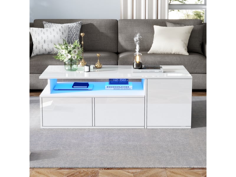  Table basse avec led 100x50x35 cm table de salon blanche 2 tiroirs  - Conforama E
