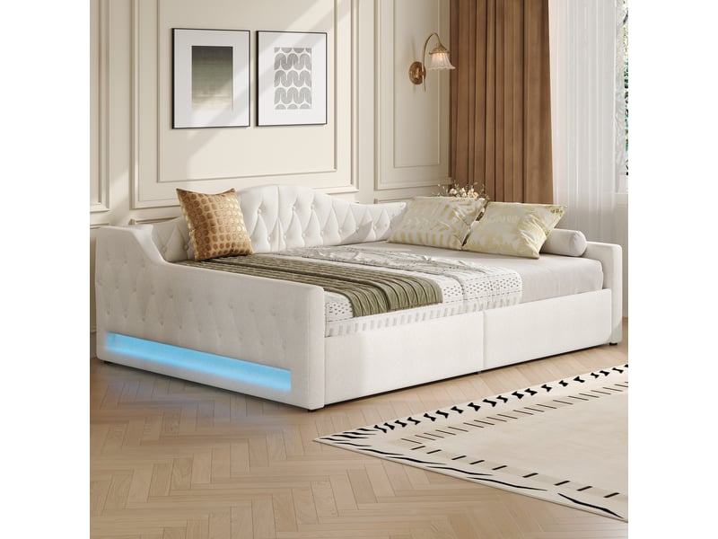  Lit banquette coffre 140 × 200 cm, dossier rembourré, rangement sous sommier relevable, éclairage led, lin beige  - Conforama D