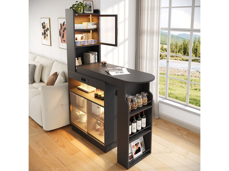 Table bar extensible avec 3 portes, led et prises pour cuisine en mdf 131–170×40×170 cm noire - Conforama C