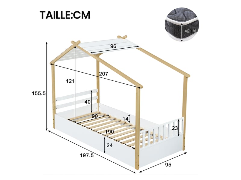 Lit cabane lit simple avec structure maison et lattes stables, 90×190 cm, sans matelas, bois et mdf, blanc naturel - Conforama E