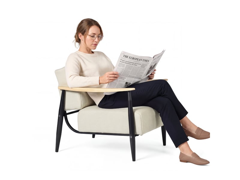 Fauteuil de salon à ressorts, avec ensachés assise épaisse, accoudoirs en bois, structure en acier, beige - Conforama D