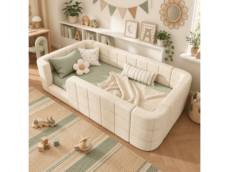 Lit enfant rembourré au sol 90x190 cm, capitonné en chenille, avec contour rembourré et entrée, avec sommier à lattes inclus, sans matelas, beige Luxe haut de gamme - Conforama R