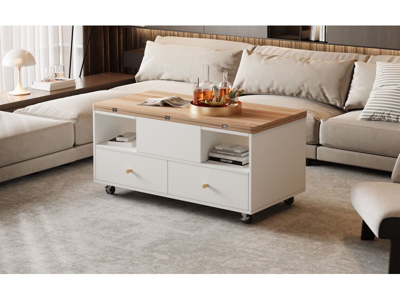  Table basse relevable modulable transformable 100 x 50 x 47,5 cm réglable 47,5-62 cm 4 tiroirs mdf bois naturel  - Conforama B