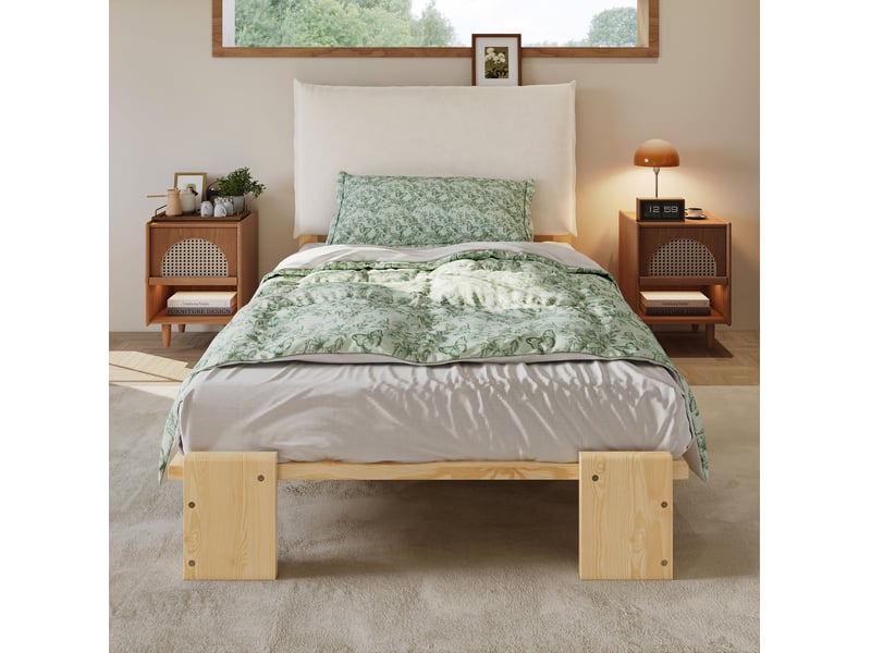  Lit simple 90x200 cm tête de lit rembourrée à fixation autoagrippante en bois et tissu coloris naturel  - Conforama C