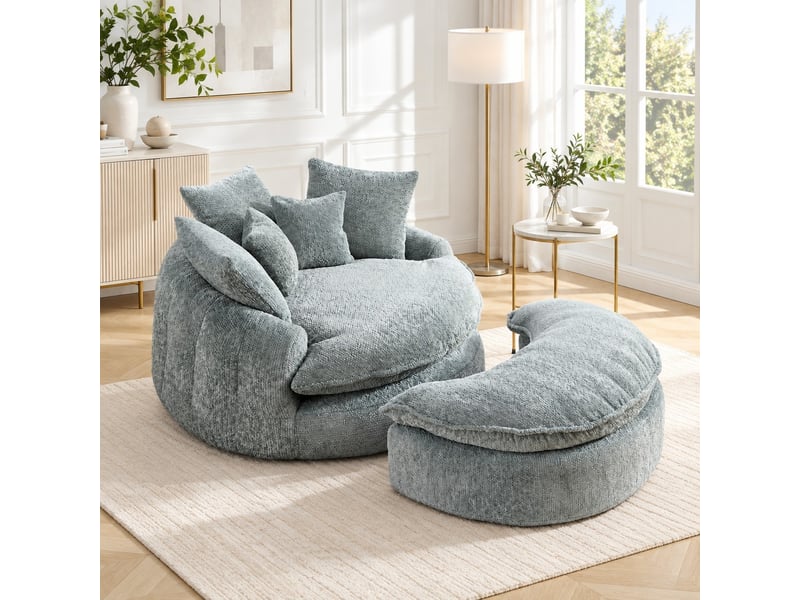 Fauteuil lounge géant 190,5 x 138 x 63 cm bleu-gris, mousse et tissu polyester, dossier réglable et coussin - Conforama D