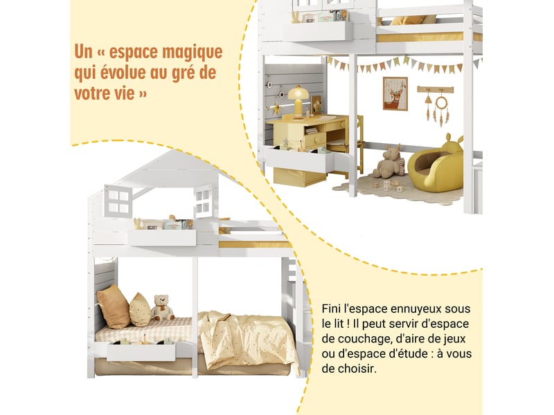  Lit superposé enfant 90x200 cm, escalier avec rangements, fenêtre, barrière, pin et mdf blanc, sans matelas  - Conforama D