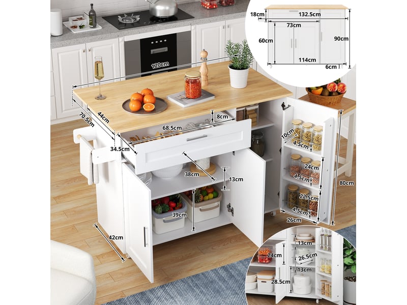  Desserte de cuisine mobile 132,5 x 4470 x 90 cm, plateau rabattable, blanc naturel  - Conforama C