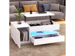 Table basse relevable avec 1 tiroir, 1 placard, rangement caché et led, plateau laqué blanc pour salon en panneau 95 × 50 × 35 cm - uvrion