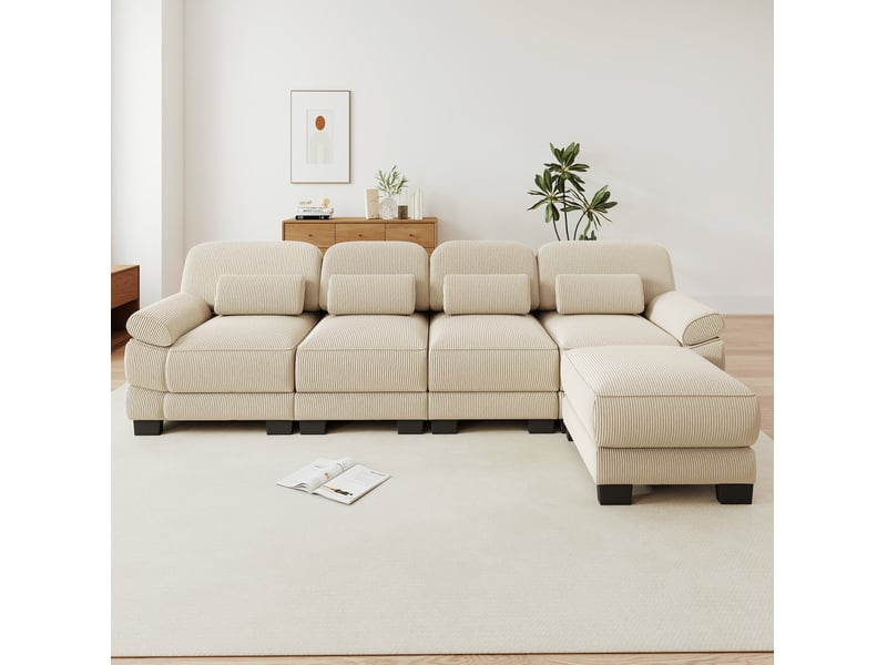  Canapé modulable angle l 4 places 336x161x94 cm, avec pouf, assise profonde, cadre robuste, velours côtelé beige  - Conforama B
