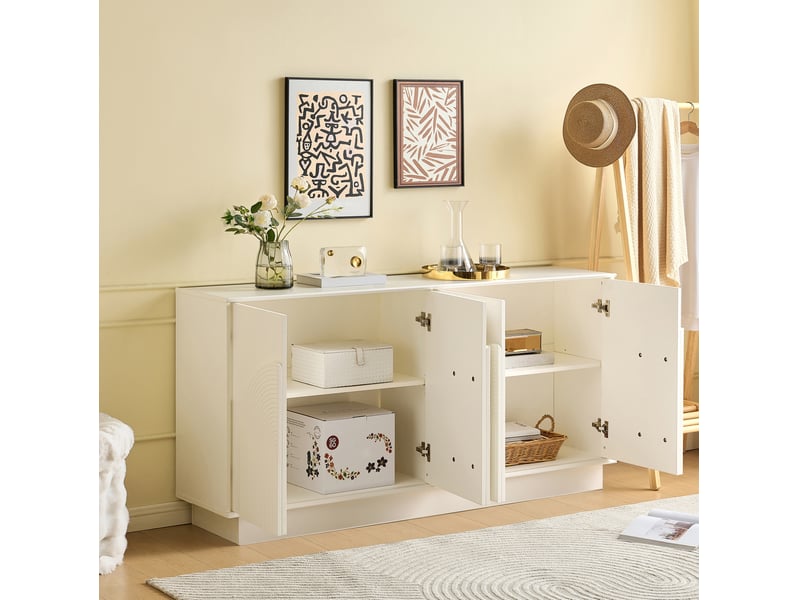  Buffet moderne 160x38x80 cm, 4 portes cintrées, meuble de rangement élégant pour salon et salle à manger, mdf blanc  - Conforama E