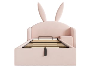 Lit coffre enfant 90x190 cm, lit simple velours, tête de lit oreilles de lapin, chevet, sommier - beige+rose