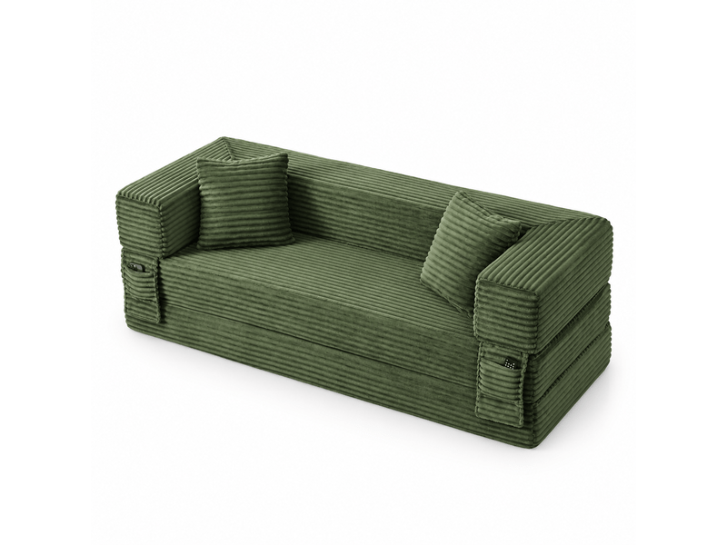  Canapé droit convertible 2 places 200 cm vert, velours côtelé, mousse haute densité, couchage double Fay Lum - Conforama A