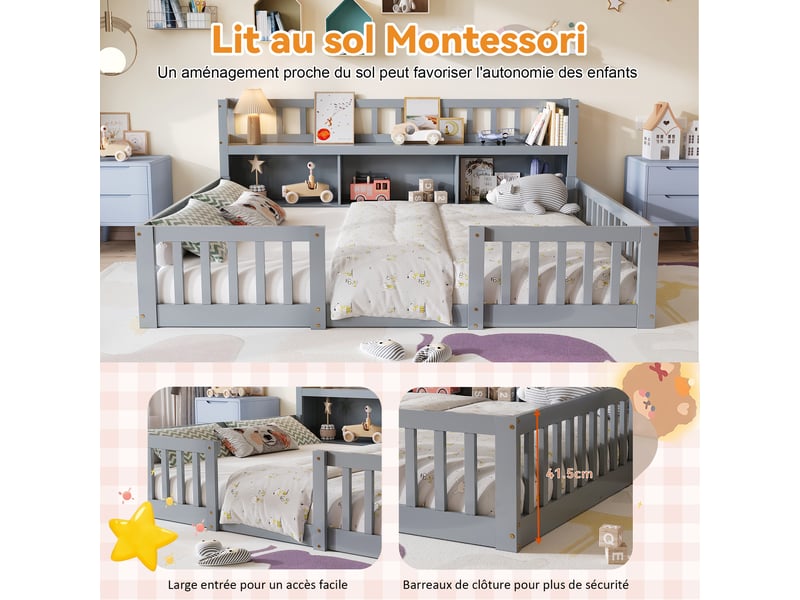  Lit double enfant 140x200 cm avec rangements et bibliothèque,lit au sol avec barrières de sécurité,pin massif, gris  - Conforama R