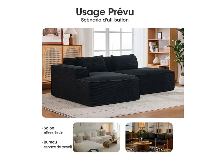  Canapé 2 places en polyester noir compact 235 cm - assise souple avec 2 coussins  - Conforama W
