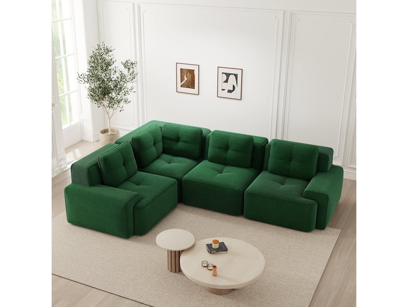  Canapé d'angle modulaire 4 places en velours côtelé vert - 295 x 295 x 69 cm  - Conforama C
