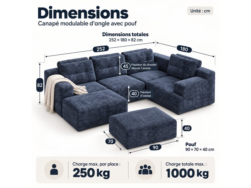  Canapé modulable panoramique 5 places en chenille, assise profonde, configuration l ou u, sans montage, 252 × 180 cm, bleu  - Conforama C