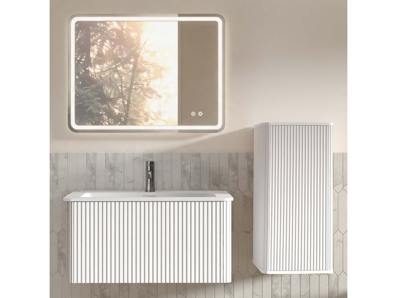  Ensemble meubles salle de bain suspendus avec miroir led antibuée - lpospi - rangement vertical et vasque, verre, mdf, contreplaqué, blanc  - Conforama B