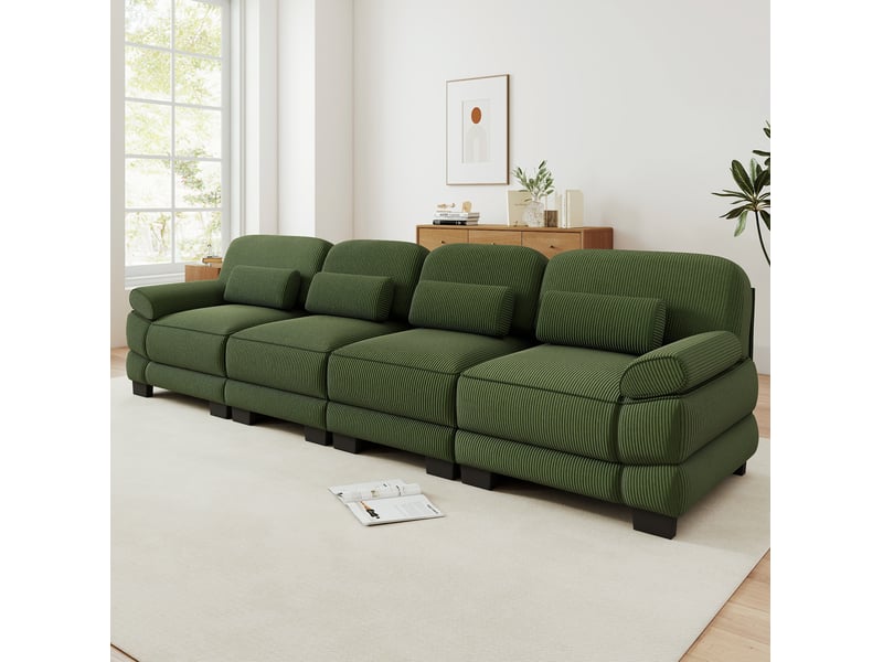  Canapé modulaire 4 places 336x88,5x94 cm, coussins lombaire,s connecteurs, structure stable, velours côtelé vert  - Conforama B