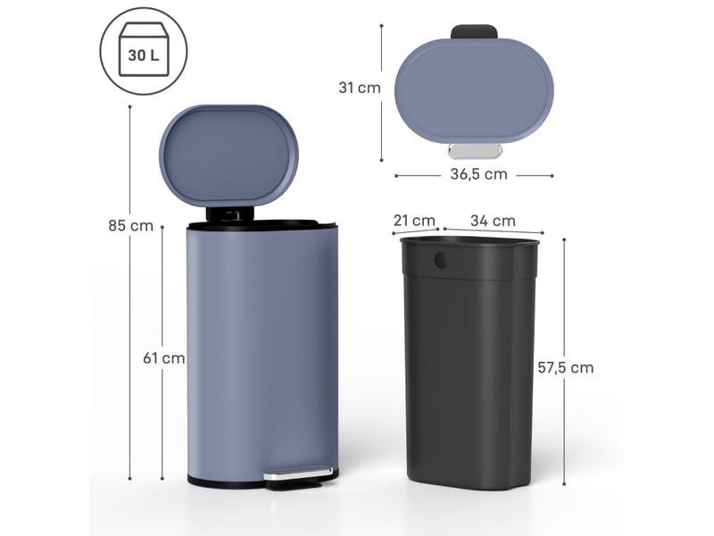 Poubelle de cuisine 30 litres avec pédale en métal, couvercle à fermeture douce, gris - Conforama C