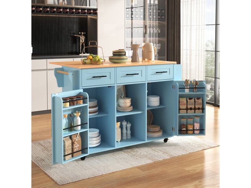  Buffet roulant bleu 139 cm – plateau bois rabattable – roulettes et pieds bois amovibles  - Conforama B