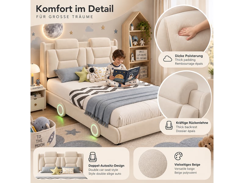  Lit enfant rembourré - 140x200 cm - éclairage led - tête de lit réglable - flanelle - mobilier de chambre enfant - beige CozyNest - Conforama E
