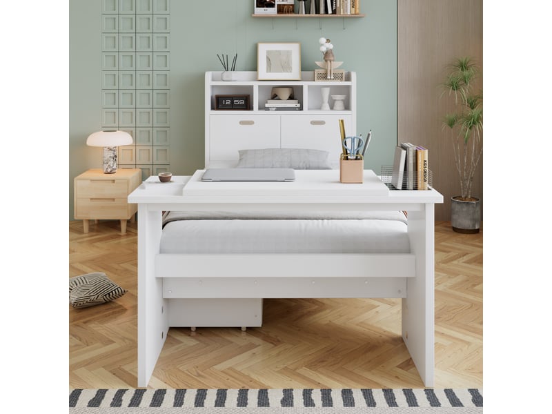 Lit simple 90x200 cm, lit enfant, tiroirs, bois blanc, étagères - Conforama D