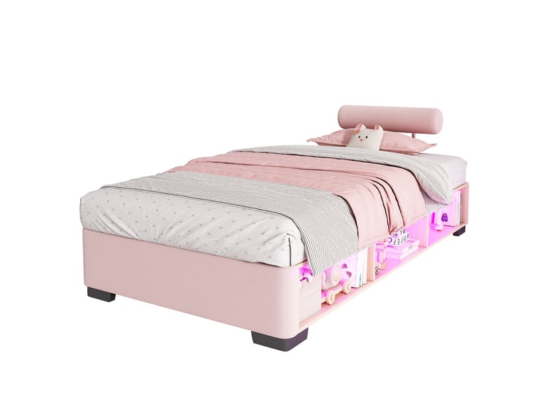  Lit enfant rose 90 × 200 cm en velours, rangement en tête de lit, structure basse, charge maximale 150 kg  - Conforama A