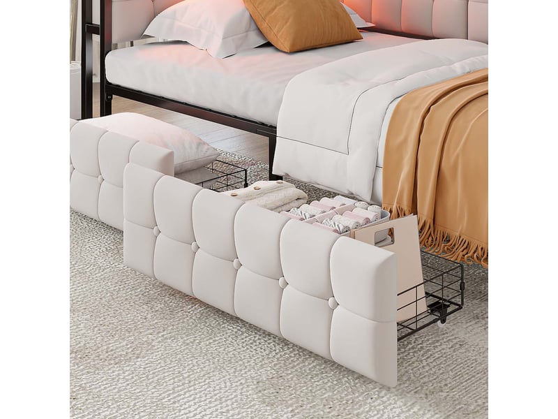 Lit enfant 90x200 cm avec 2 tiroirs et bandeau led, tissu, beige, sans matelas - Conforama D
