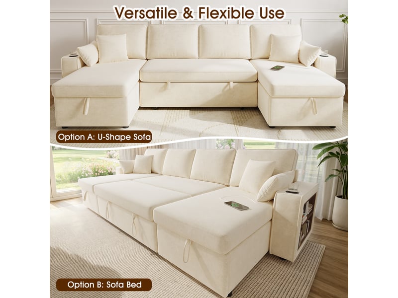 Canapé d’angle u convertible 4 places 270x125x86 cm, avec couchage, rangements, usbtype-c et tablettes, tissu chenille, beige Bubbly - Conforama E