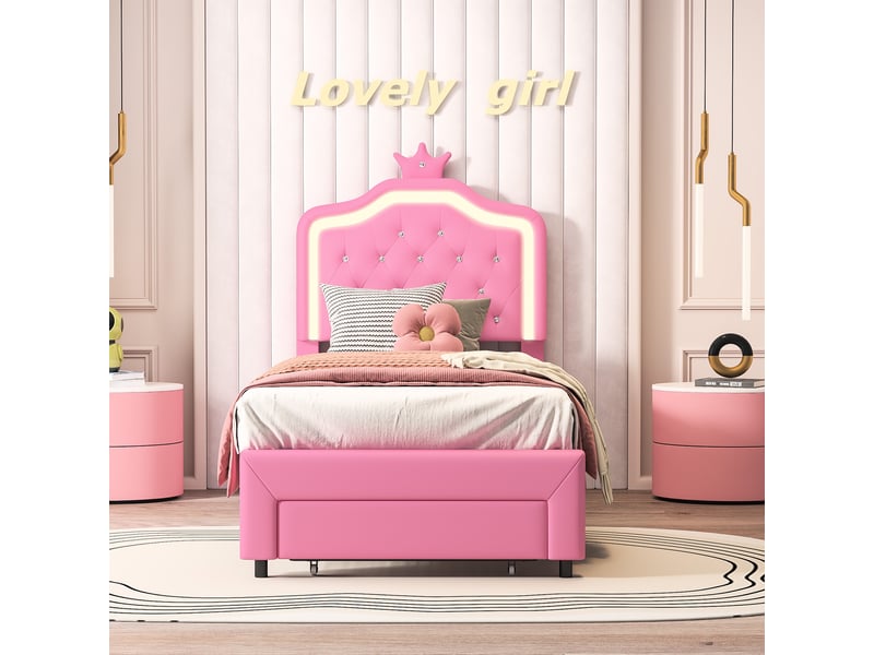 Lit 90x200cm - lit enfant 90x200 - lit simple rembourré en pu avec led rgb, tiroir au pied et sommier à lattes - rose - Conforama E
