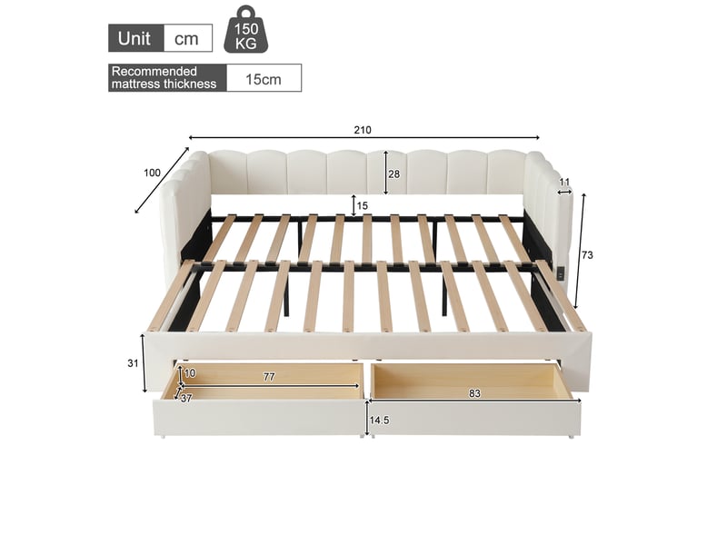 Lit gigogne 90180x190 cm - lit enfant extensible avec rangement et ports usb type-c, revêtement en lin, sans matelas, beige  - Conforama E