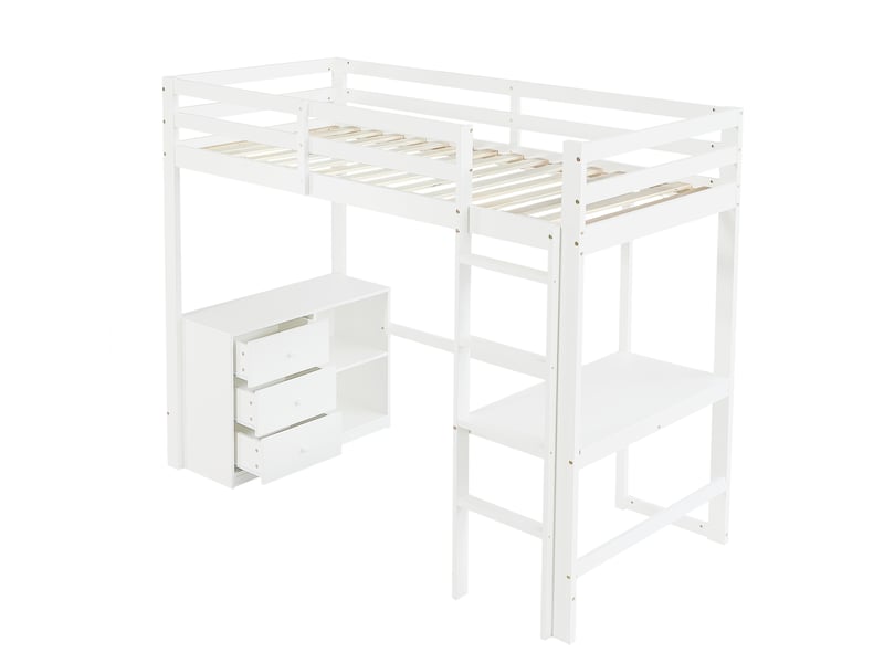  Lit superposé enfant avec bureau tiroirs et étagère 204x99x160 cm blanc bois massif et mdf couchage 90x200 cm Sol Morn - Conforama A